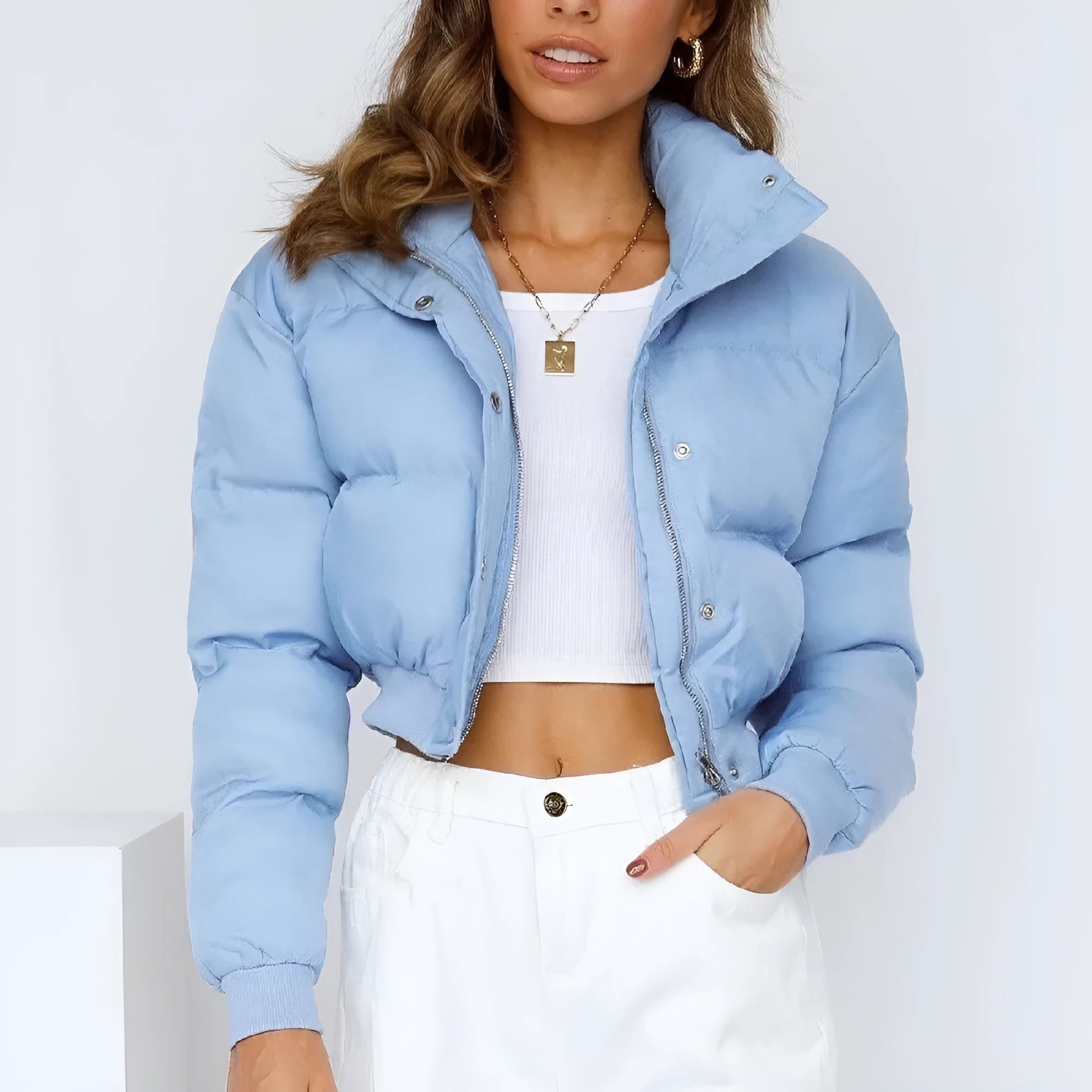 Women's loose fit polyester leisure jacket in blue, grey, black or milky white with long sleeves