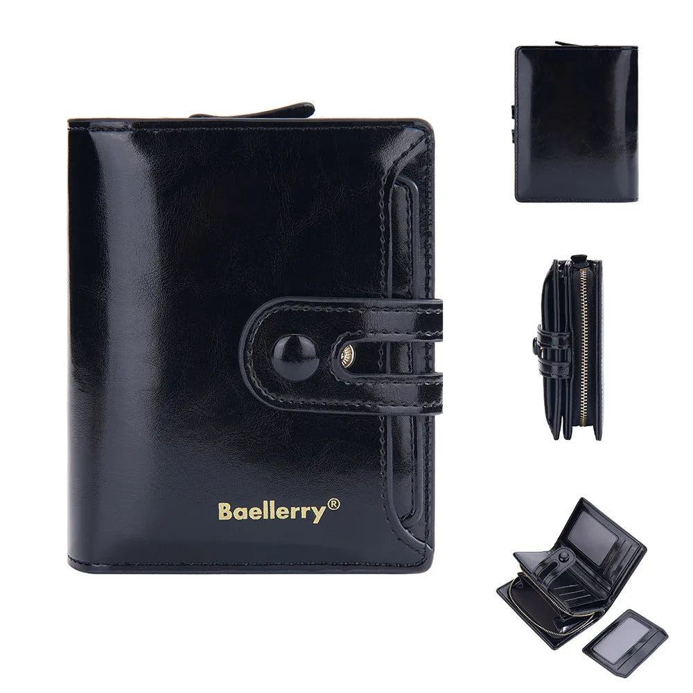 Women's PU leather card holder wallet shown in available colours: black, white, blue, red, green, brown, pink, orange.