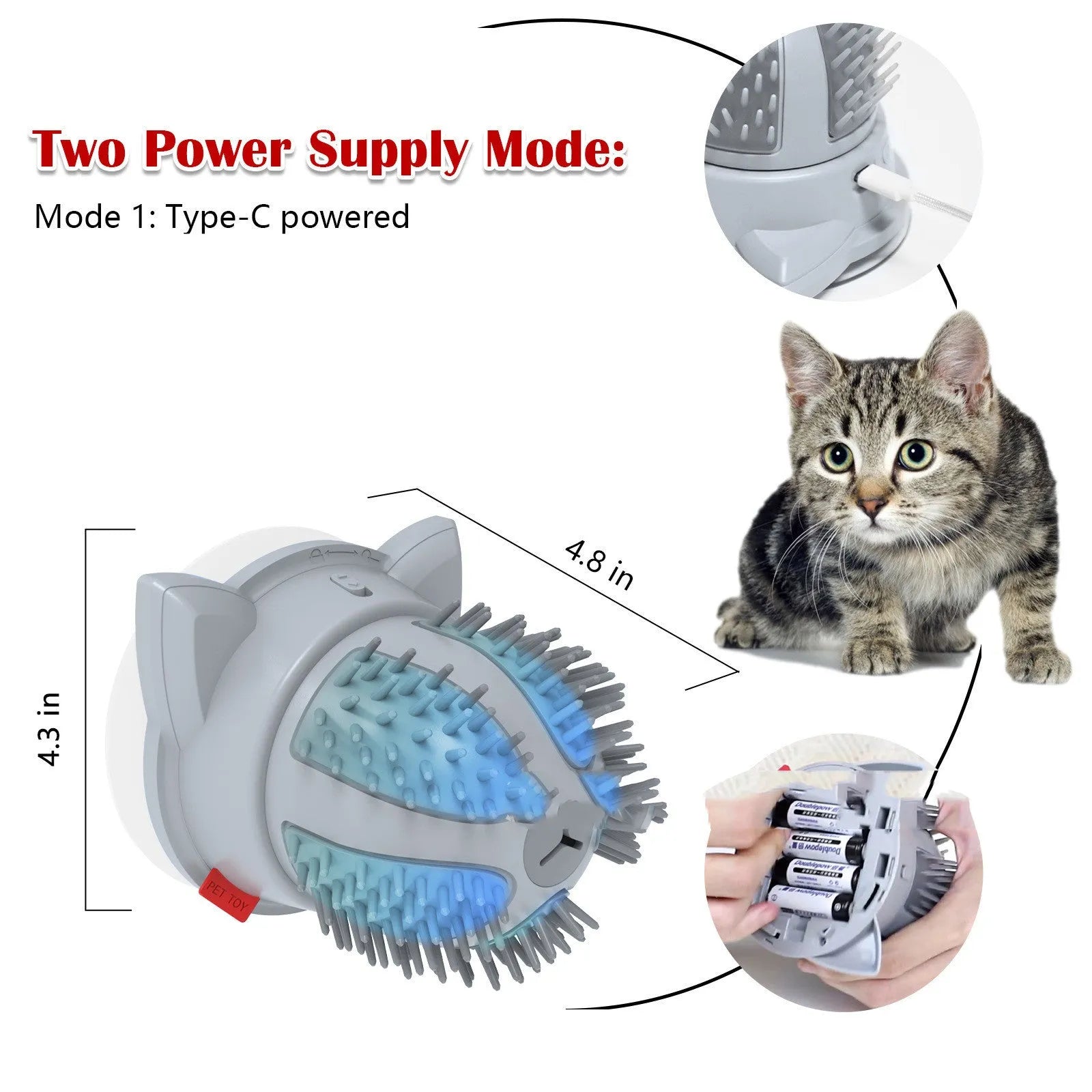 Electric Pets plastic cat brush toy with LED light and massage function on a surface