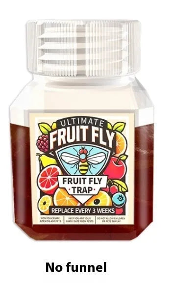Bottle of fruit fly bait liquid with specification options for indoor pest control