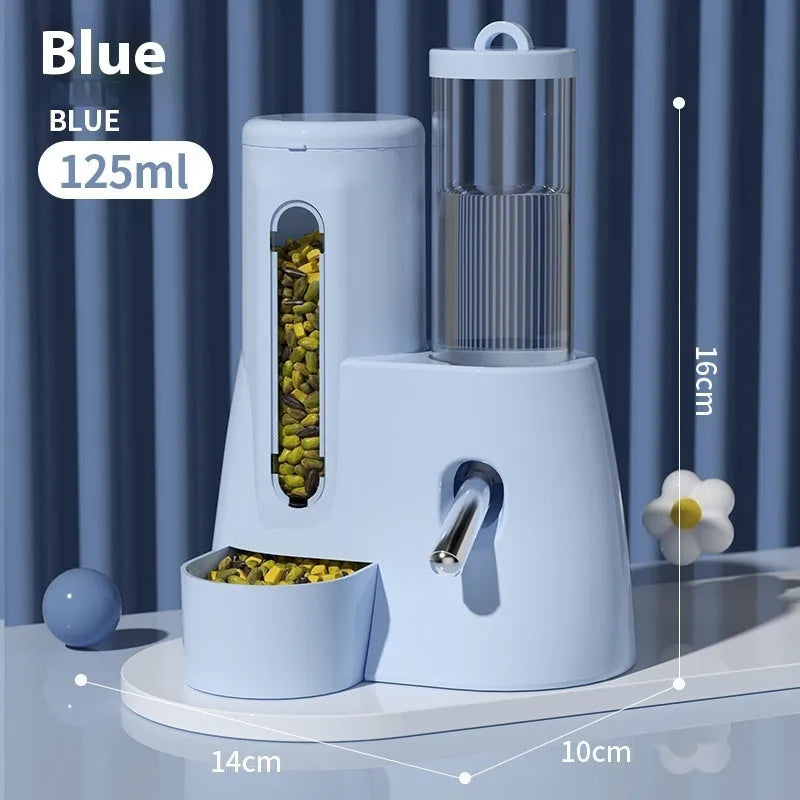 Blue hamster automatic water bottle and dual-compartment white food basin attached together.