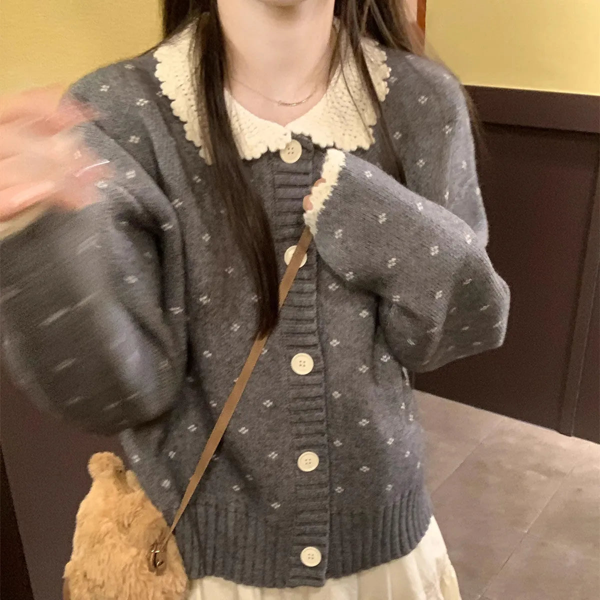 Retro Peter Pan collar floral patterned knitted cardigan coat in navy blue colour