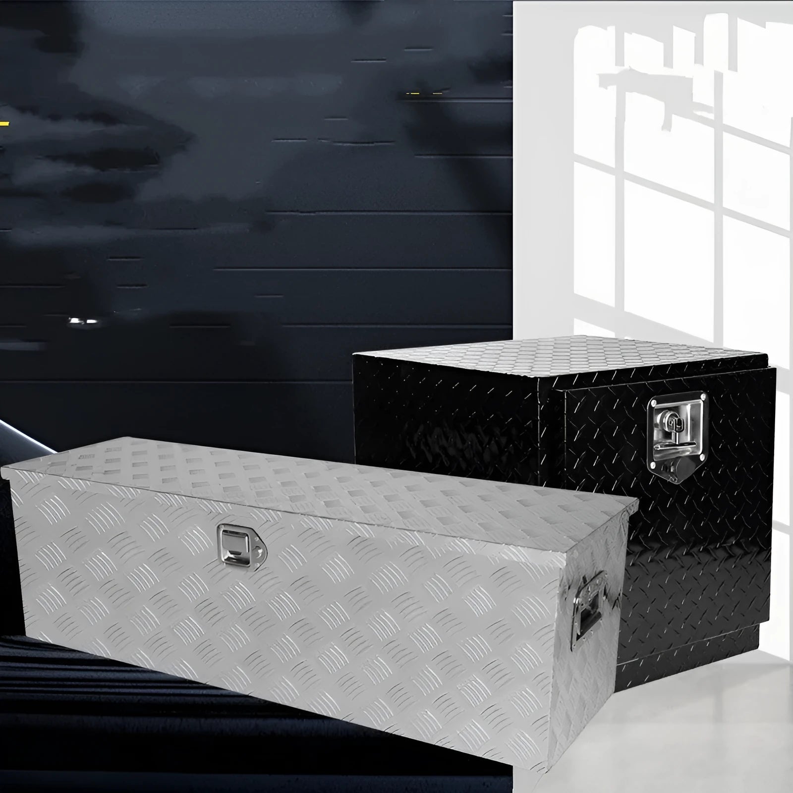 Black aluminium alloy tool case with 26-inch dimensions and T-casting design