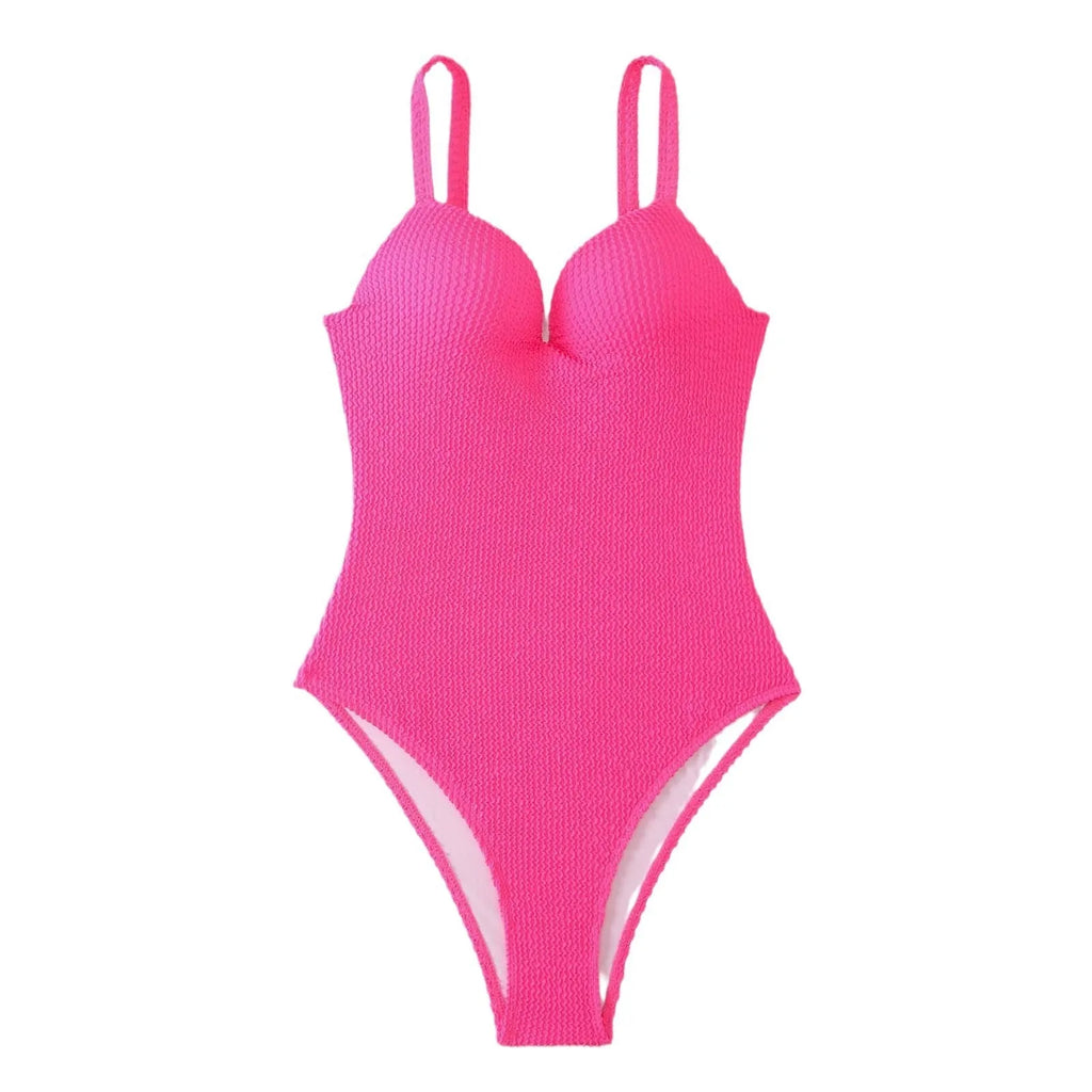 Women's black sunk-stripe one-piece swimsuit made from polyester fabric, sleeveless design.