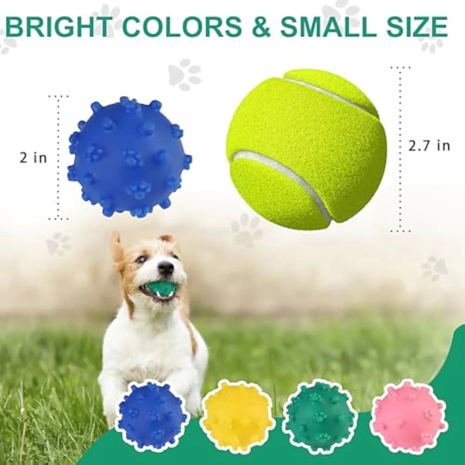 Bright blue, green, pink and yellow spiky dog balls with paw print dimples for small breed chewing and fetch.