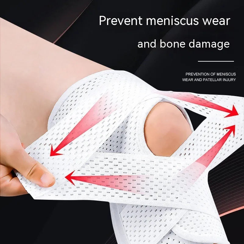 Black mesh fabric knee protective sleeve for meniscus and patellar injury recovery during sports.