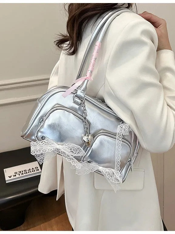 Horizontal square shoulder bag in soft PU with double straps and mobile phone pocket