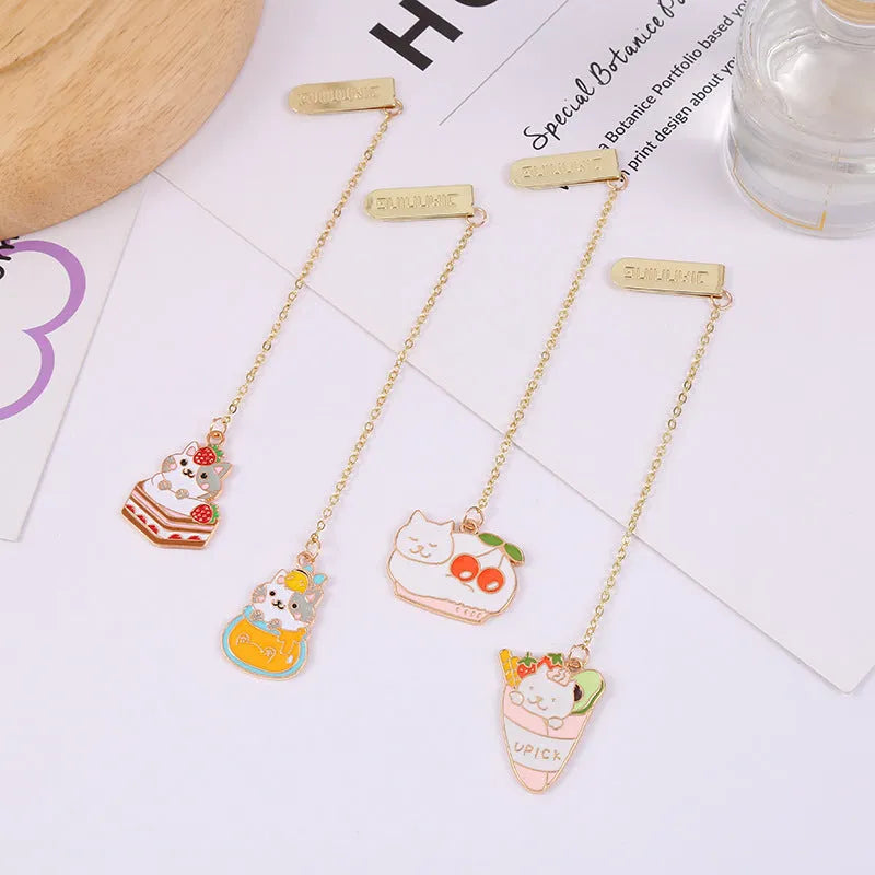 Jane Lime foodie cat metal bookmark with cartoon pendant in one of four food-themed designs