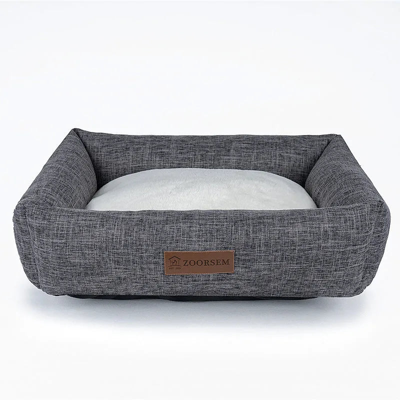 Grey linen square dog bed for small to extra large dogs, also available in brown and plaid colours.