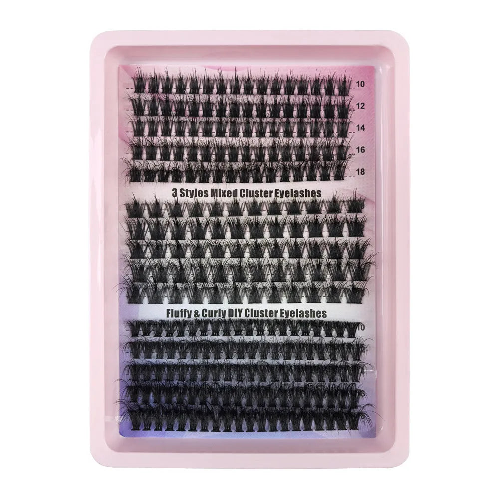 A high imitation material box containing a mix of false eyelashes, showing the product's size and organisation.