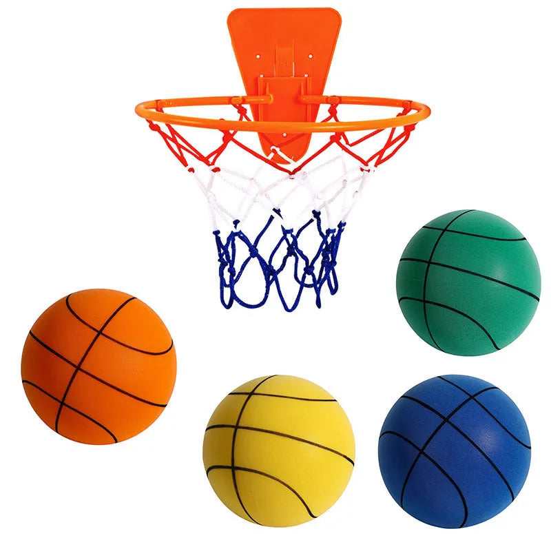 Silent high density foam sports ball in assorted bright colours next to a basketball frame.