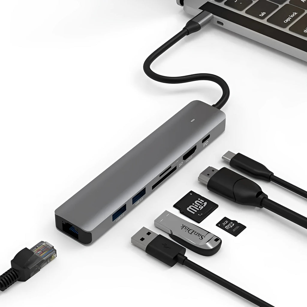 LQT-LH07 7-in-1 USB-C hub with HDMI port, USB-A ports, and SD/TF card reader slots for laptops.