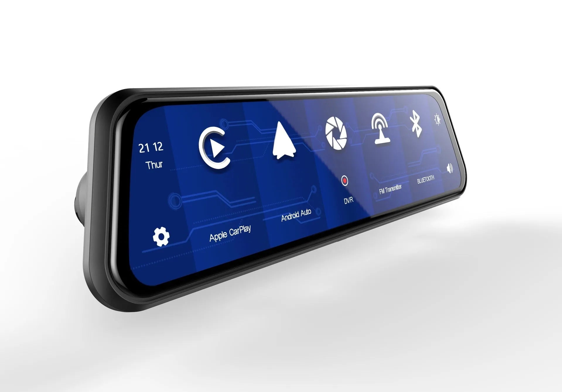 Black dual-lens driving recorder with 9.66-inch screen mounted on a car rearview mirror.