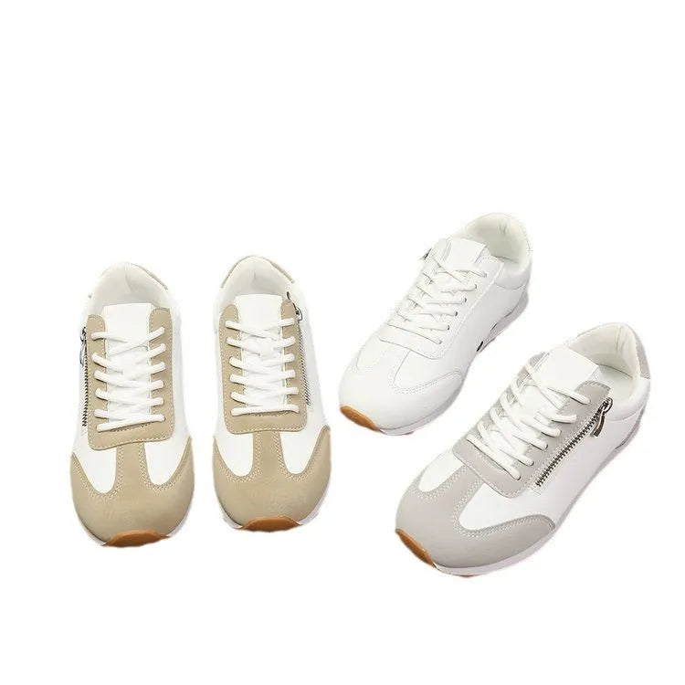 Women's flat-heeled shoes in champagne, grey, and white colours showing lightweight artificial PU uppers and rubber soles