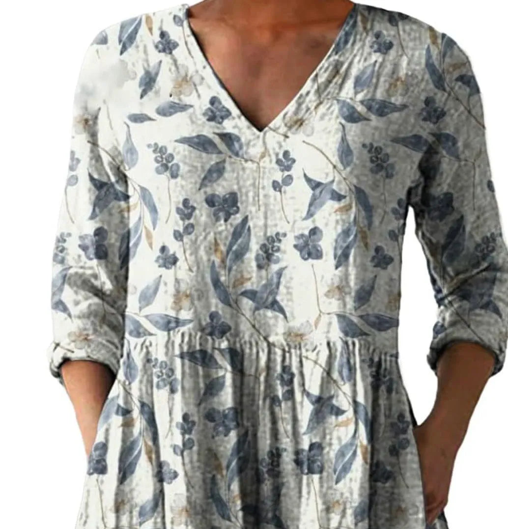 Women's printed loose wave dress with 3/4 sleeves and wide waist in polyester fabric