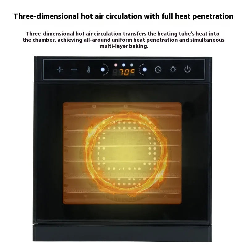 Stainless steel fruit dehydrator with visual skylight showing stacked drying trays inside