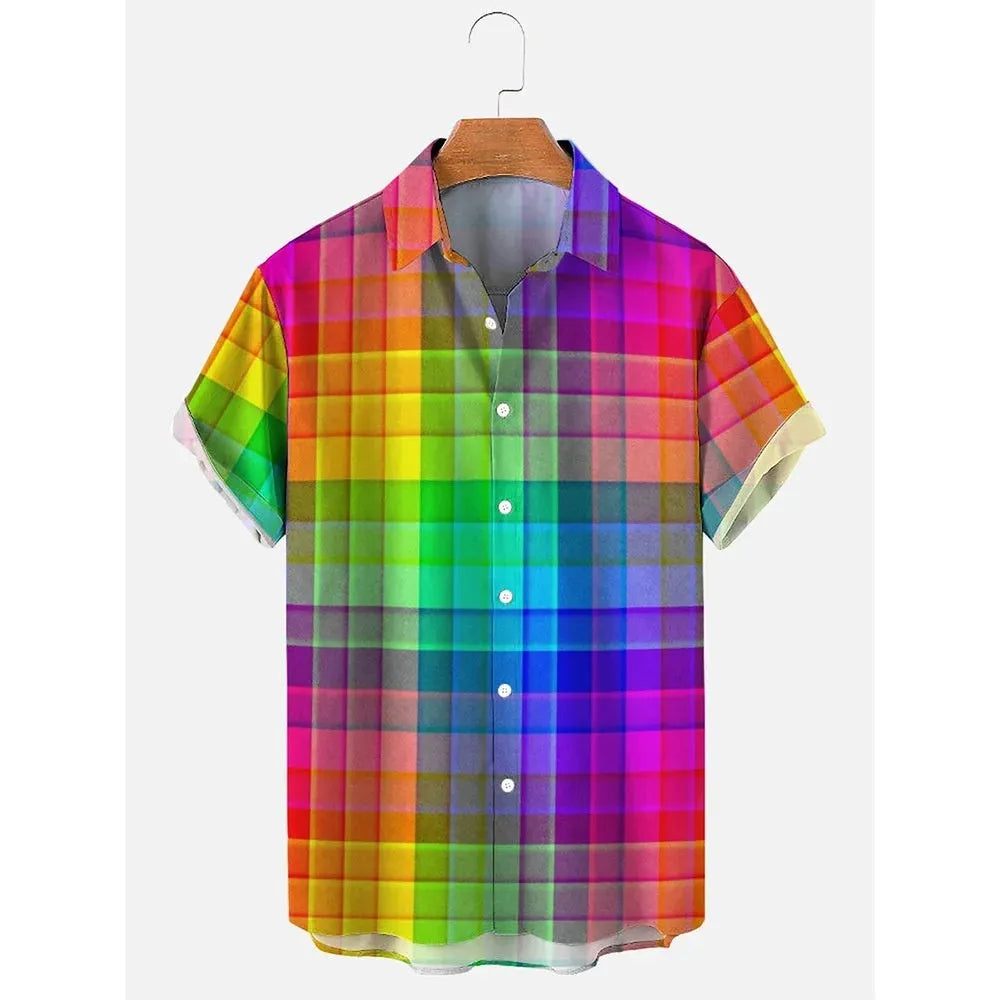 Man wearing a striped short-sleeve Hawaiian shirt made from elastic polyester fabric.