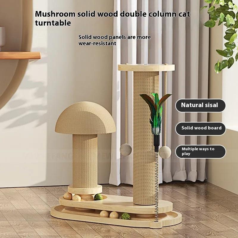 Solid wood cat scratching post with turntable and climbing frame in natural wood finish