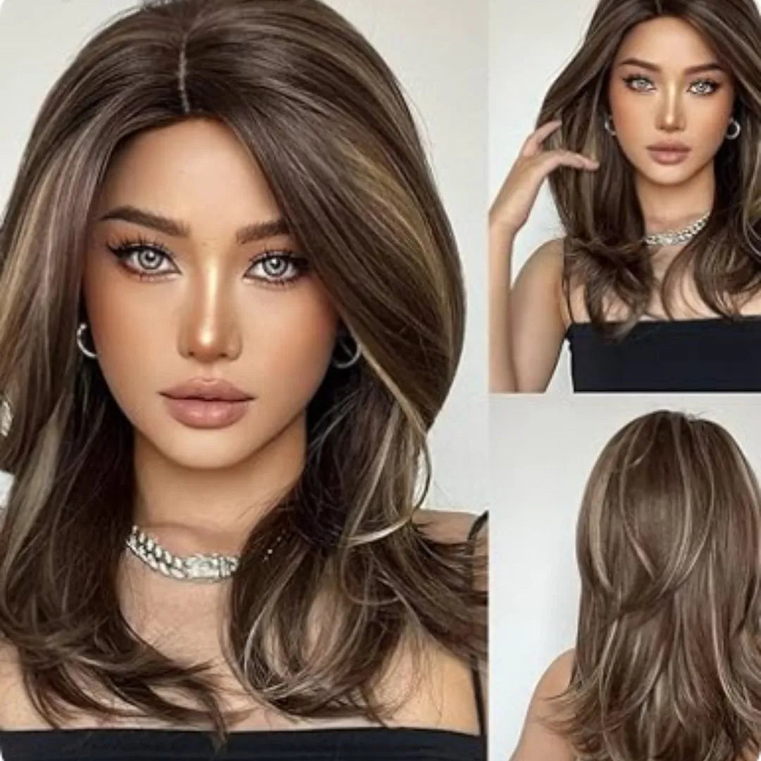 Mid-length platinum gradient synthetic wig with long curly hair and full bangs