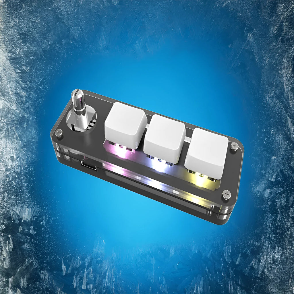 Black programmable mini keyboard with RGB backlit keys showing copy and paste shortcuts