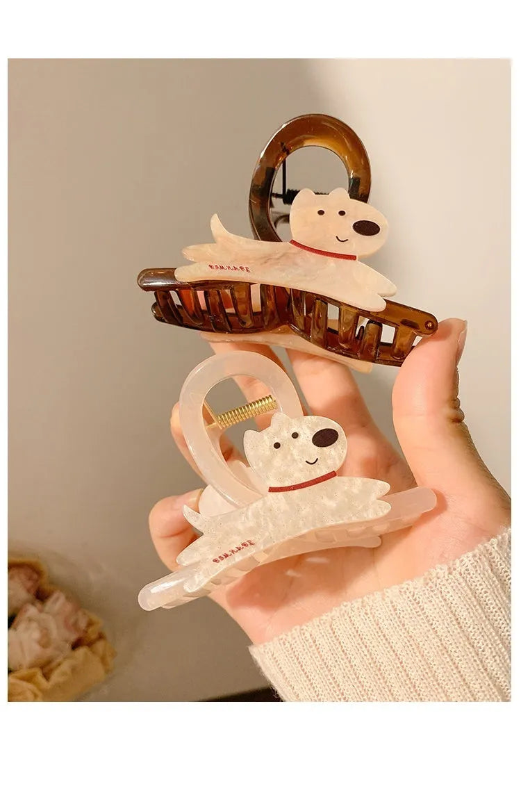 Cute cartoon puppy hair grip barrette in Korean style with beige and brown colour options