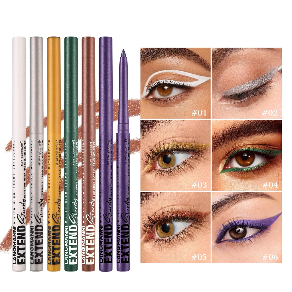 Set of 12 colourful gel glitter eyeliner pencils showing matte, metallic, pearl, and glitter finish effects