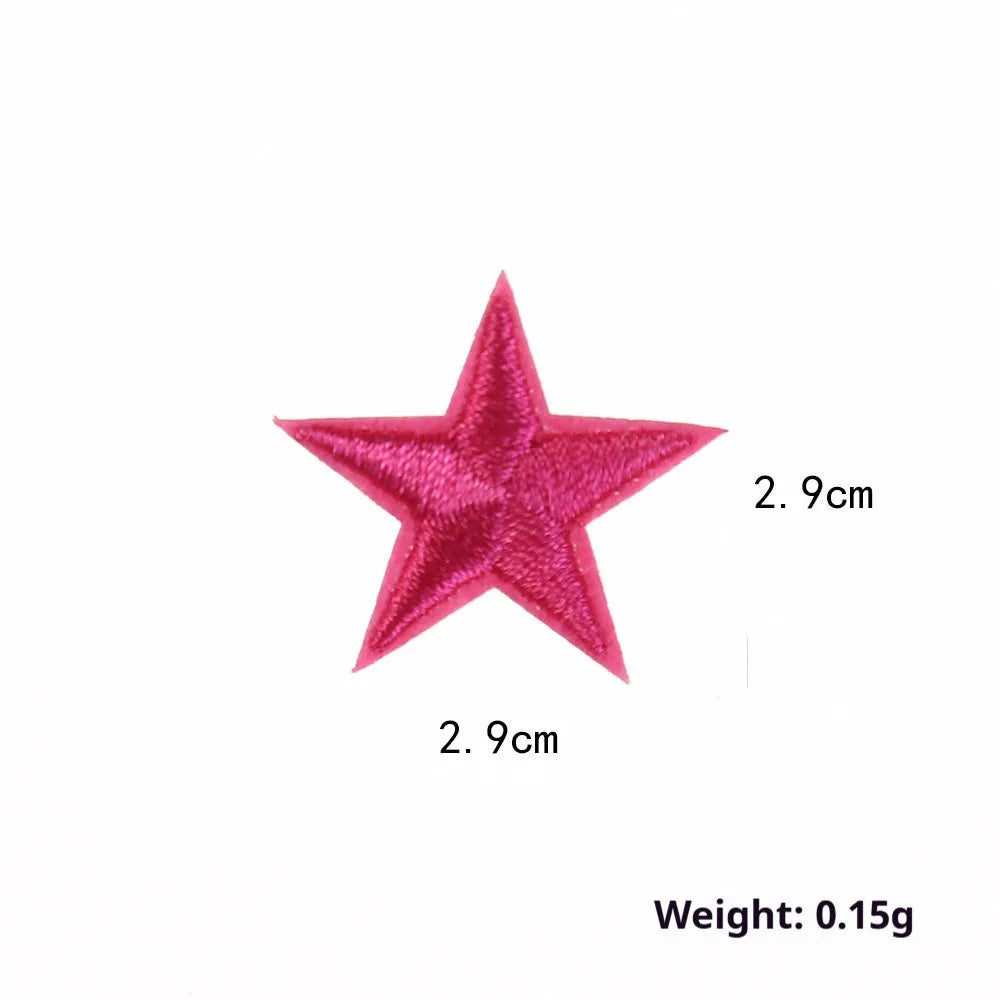 Colourful embroidered five-pointed star designs on cloth sticker labels for DIY clothing customisation.