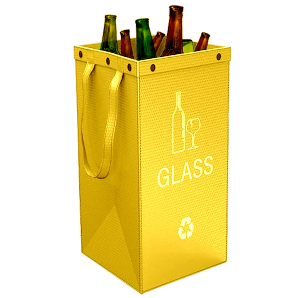A blue 40-litre waterproof handbag-style rubbish bin made from PP plastic, shown beside furniture.