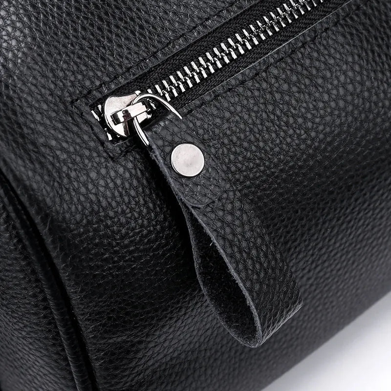 Black genuine leather one-shoulder crossbody bag with large capacity