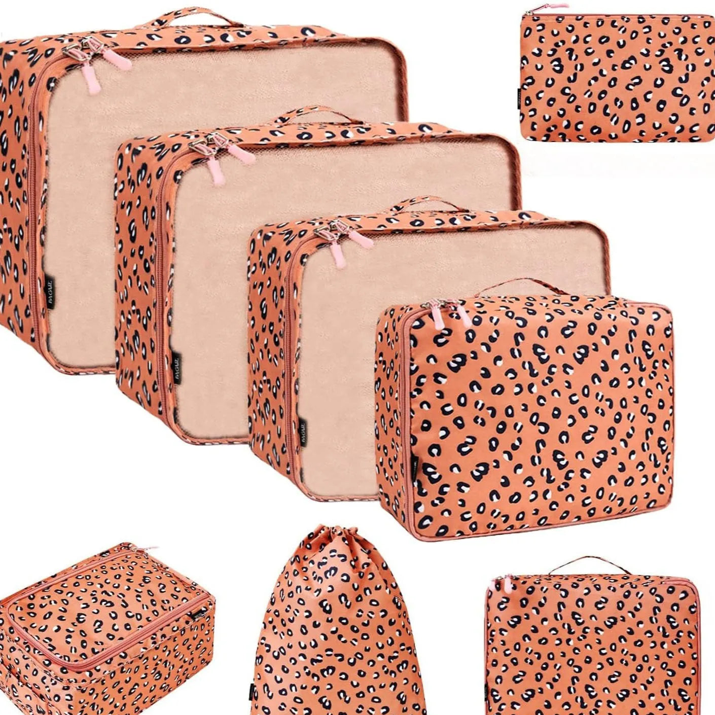 Set of eight cubic travel packing bags for underwear organisation in various colours including solid shades and patterns
