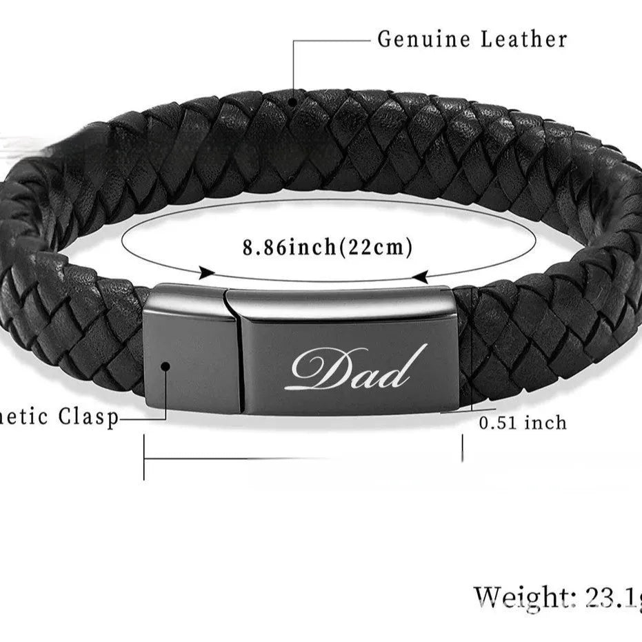 Black leather woven stainless steel memorial bracelet with engraved text in gift box