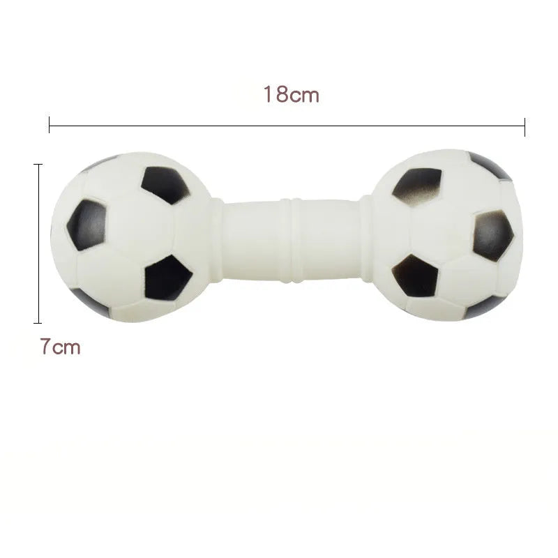Football dumbbell shaped squeaky dog chew toy in orange colour