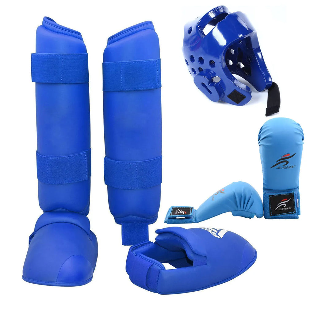 Karate taekwondo protective gear set with leg guard, helmet, boxing gloves in red or blue