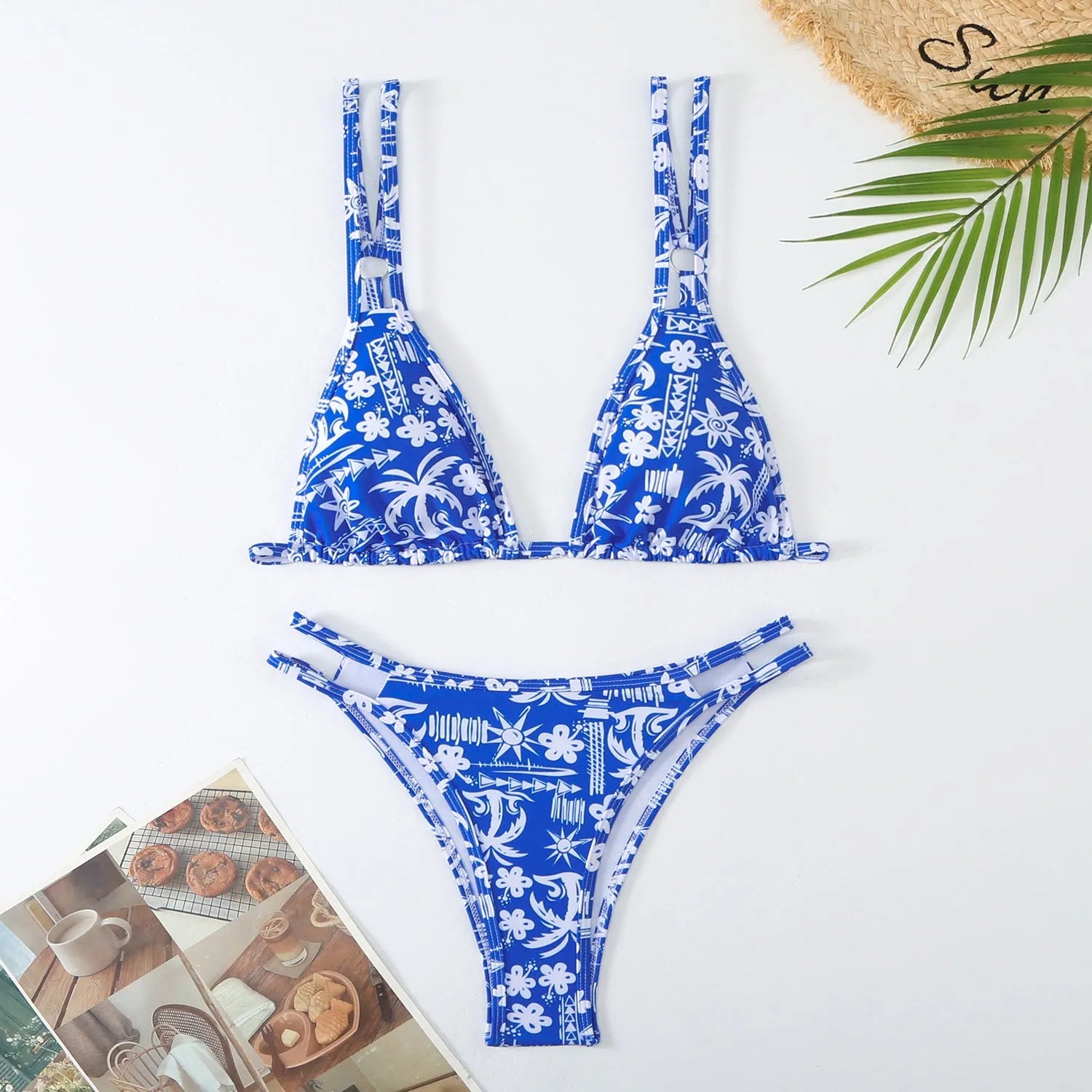 Women's halter printed bikini briefs in polyester with floral pattern for swimming