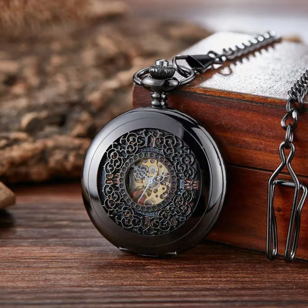 Retro floral print automatic mechanical pocket watch with transparent case back in gold finish.