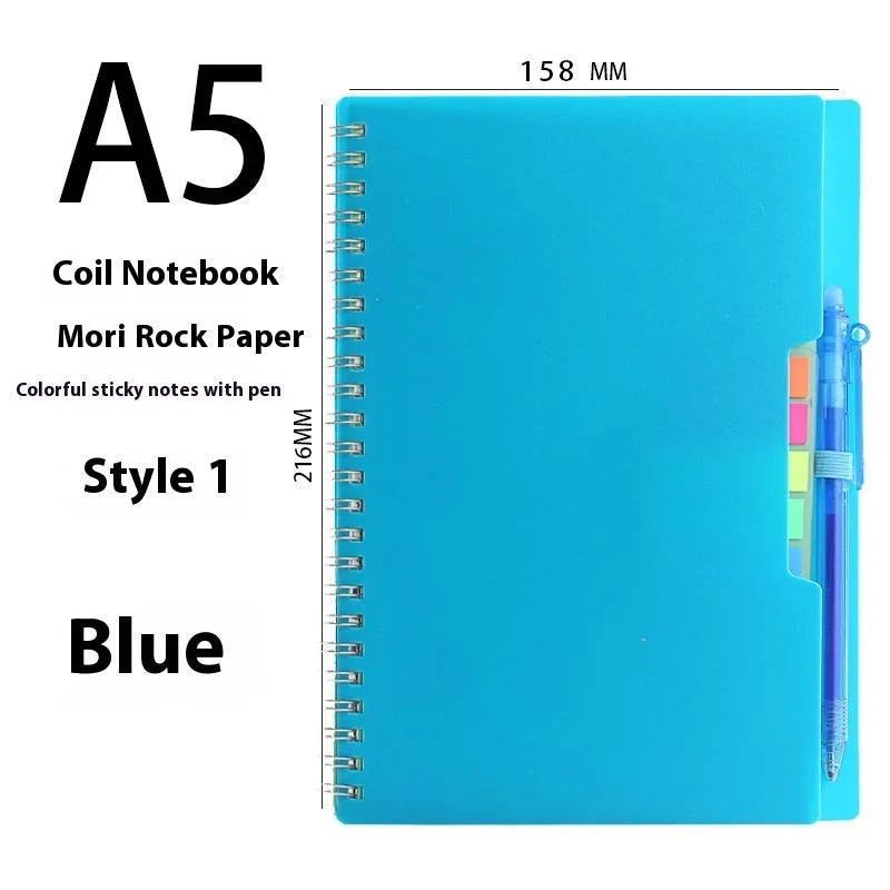 A5 spiral bound reusable notebook with stone paper, shown with pen on customisable coloured cover.