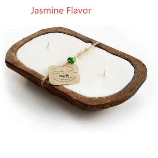 Retro lavender wooden basin containing a soy wax aromatherapy candle with a three-lamp wick.