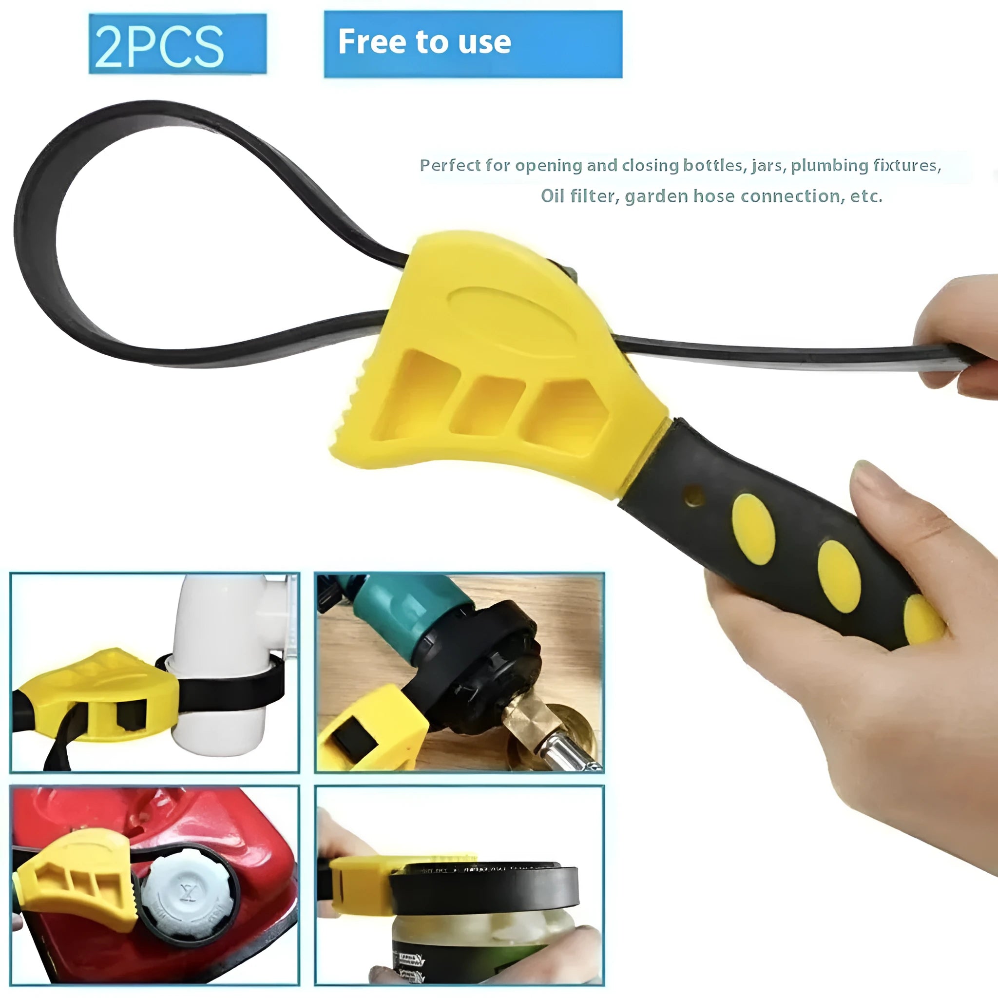 Two adjustable rubber strap wrenches, sizes 6 inch and 8 inch, with plastic handles and phosphated metal parts.