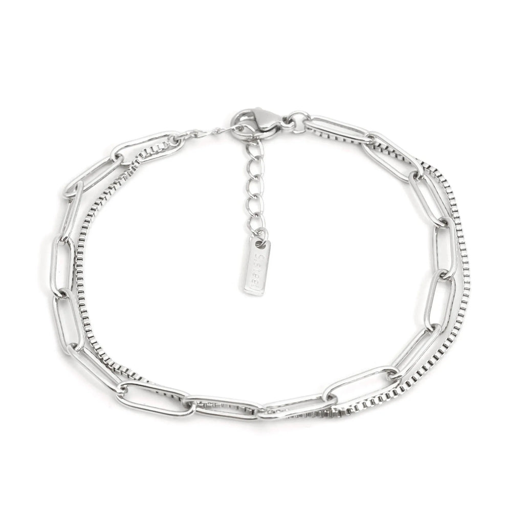 Women's double layer stainless steel bracelet with geometric design in gold or silver finish