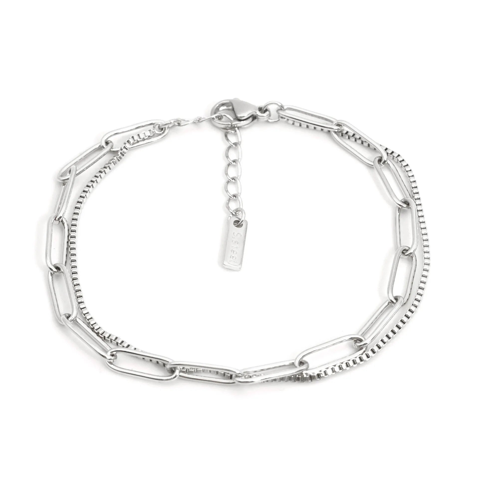 Women's double layer stainless steel bracelet with geometric design in gold or silver finish
