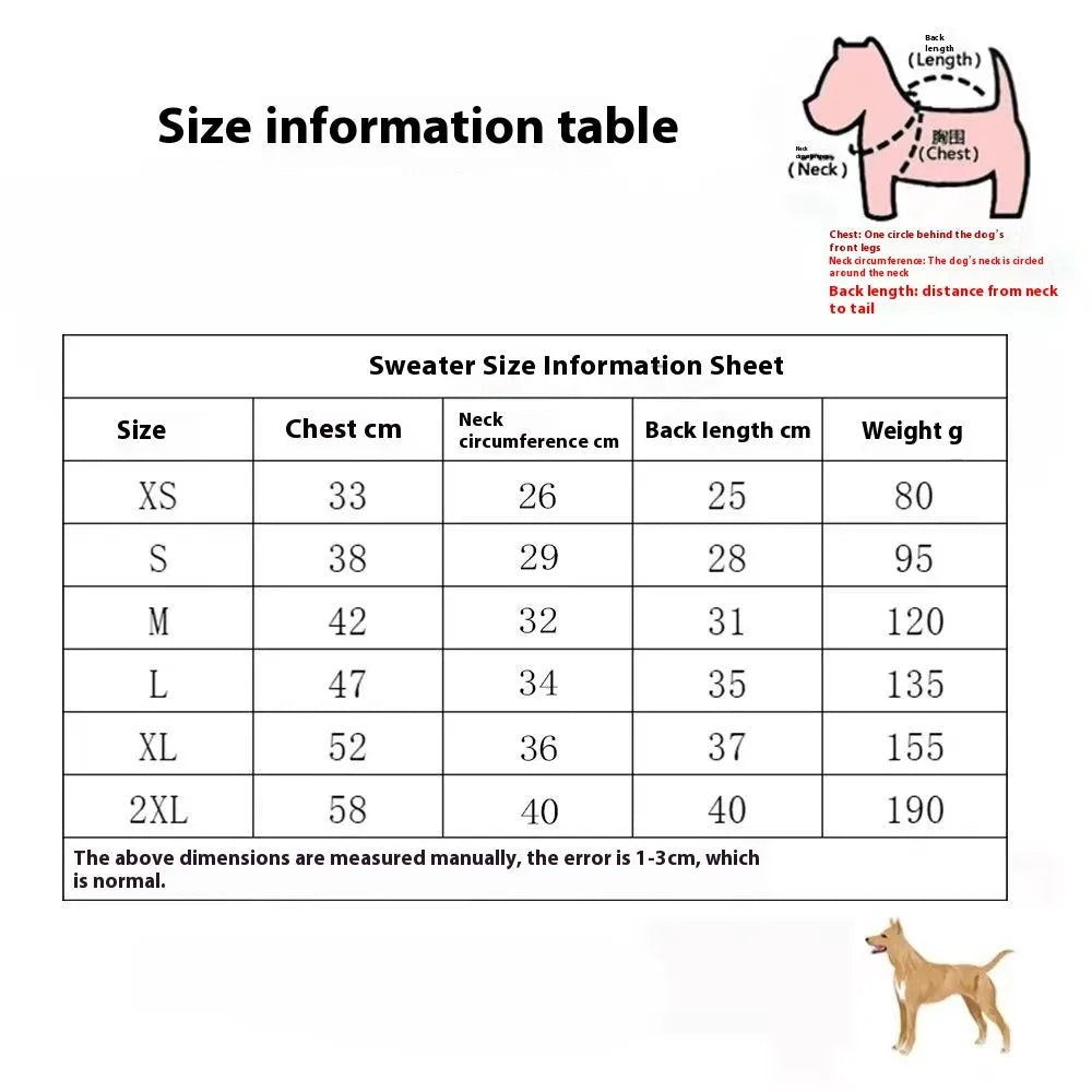 Thick wool dog sweater in monochrome or two-tone colour, sizes XS to XXL.