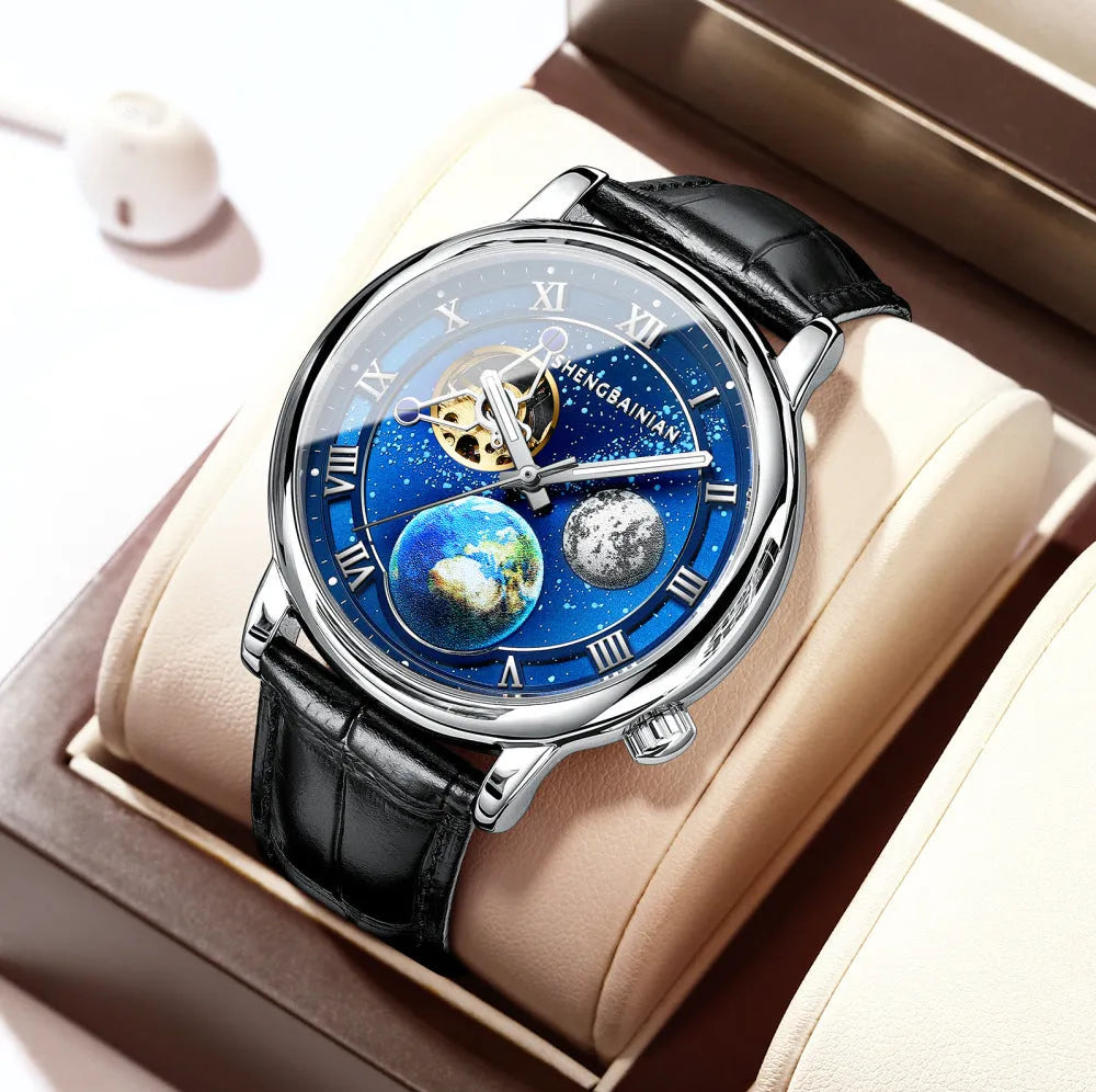 Men's mechanical watch with luminous starry dial, 43mm metal case, silver blue colour
