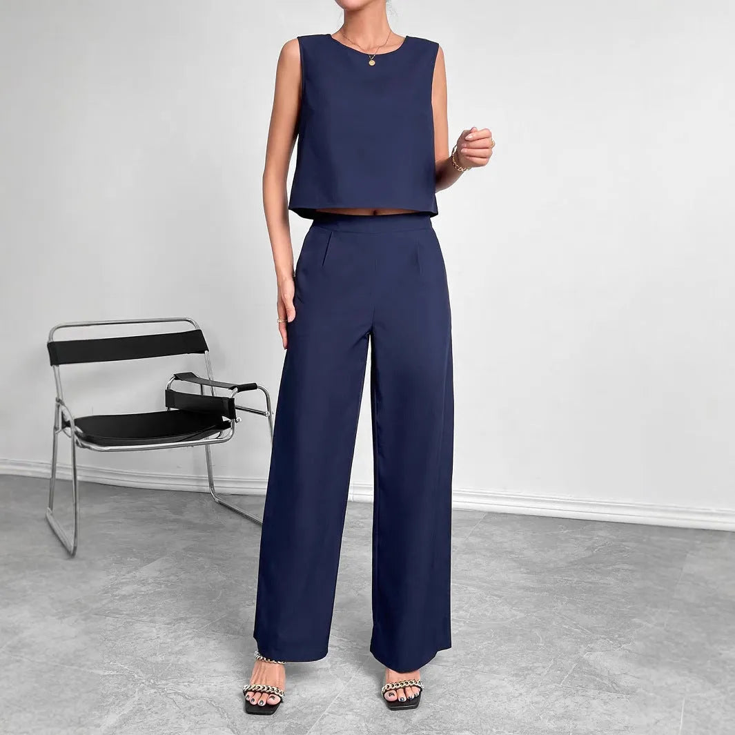 Red sleeveless top and wide leg pants two-piece set on a hanger.
