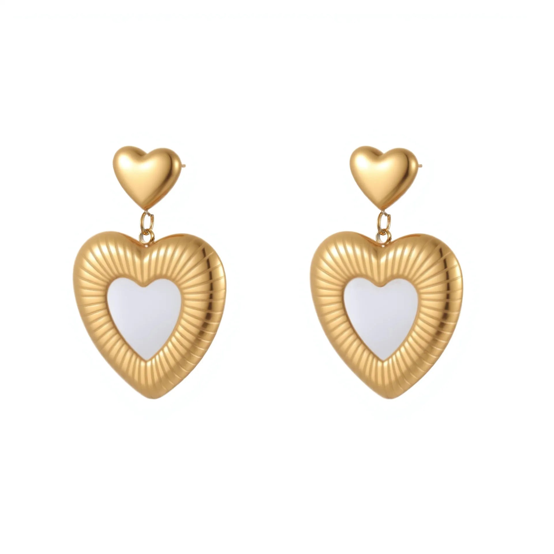 Gold heart-shaped stainless steel stud earrings for women with a love motif.