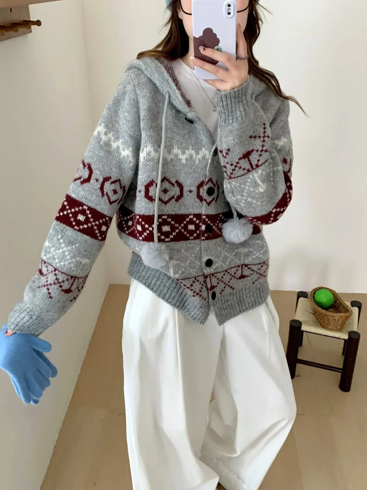 Plus size women's brocade sweater coat with geometric pattern in milky white beige colour