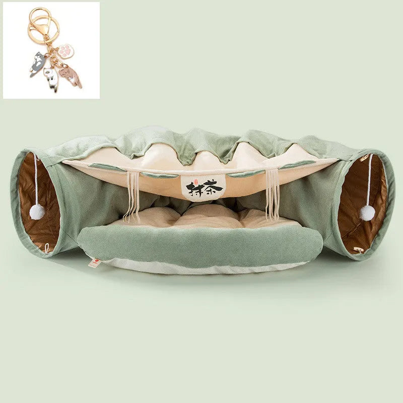 Collapsible cloth cat tunnel toy in pink, shown folded flat and opened for play