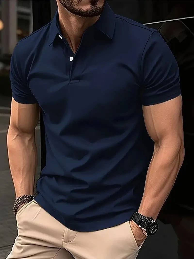 Men's slim fit cotton blend short sleeve button-up shirt in solid colour