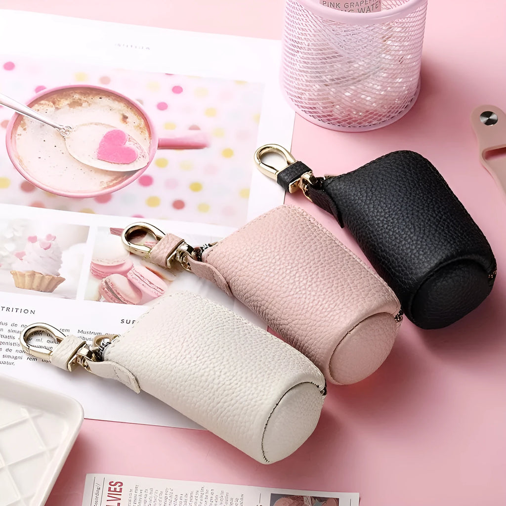 Black PU leather zipper key case showing expansion storage capacity