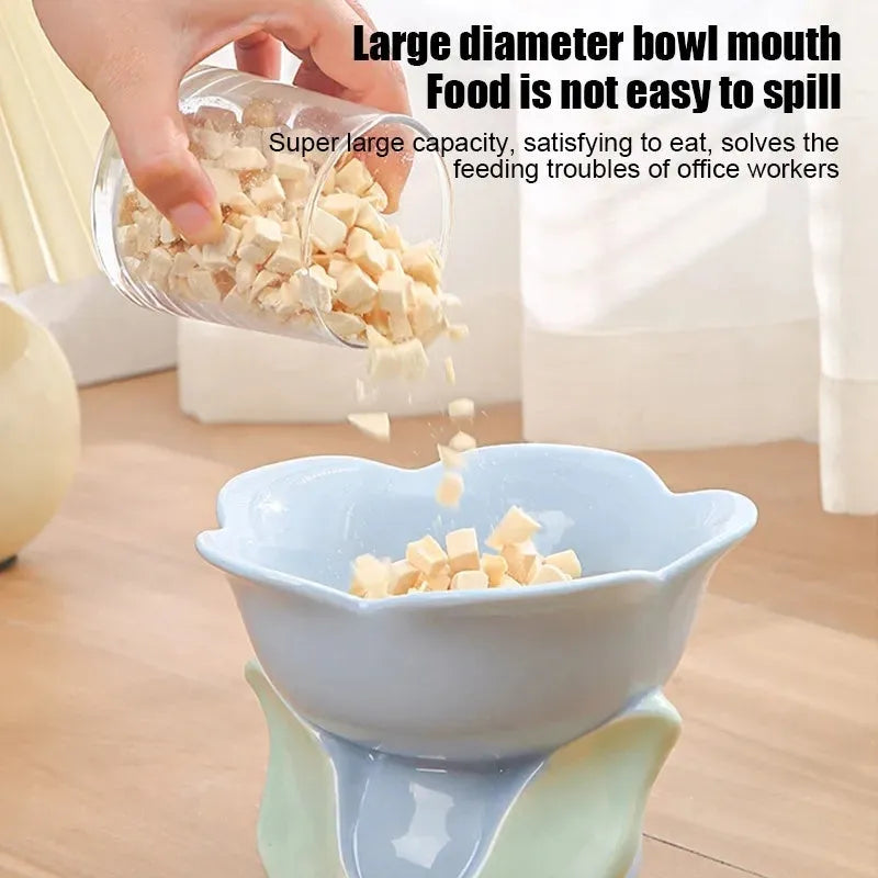 Blue floral patterned ceramic elevated pet bowl with non-slip base for cats and small dogs