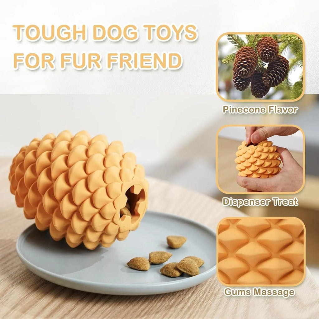 Natural rubber pine cone shaped dog chew toy with treat dispenser hole